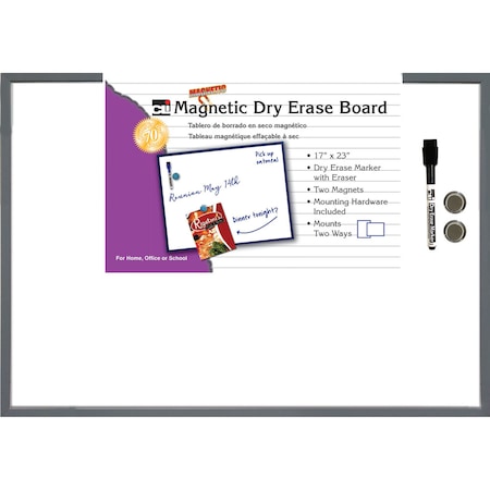 Charles Leonard Magnetic Dry Erase Board, 17in x 23in, w/Marker + Magnets, Gray Frame 35375